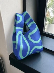 lulu kewen 1pc Geometric Pattern Crochet Woven Tote Bag, Suitable For Vacation, Mini Crochet Handbag, Breathable And Lightweight, Foldable Pocket To Hold Phone, Umbrella, Cosmetics, Lipstick, Perfume, Eye-Catching Beach Bag, Summer Essential, Beach Accessories, Most Popular Beach Bag , Crochet, Holiday - Blue - View 4