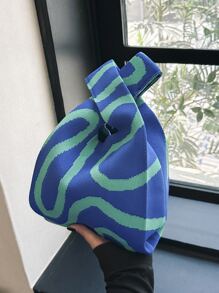 lulu kewen 1pc Geometric Pattern Crochet Woven Tote Bag, Suitable For Vacation, Mini Crochet Handbag, Breathable And Lightweight, Foldable Pocket To Hold Phone, Umbrella, Cosmetics, Lipstick, Perfume, Eye-Catching Beach Bag, Summer Essential, Beach Accessories, Most Popular Beach Bag , Crochet, Holiday - Blue - View 5