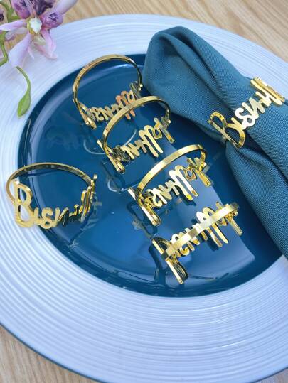 6pcs Alphabet Shaped Party Napkin Rings, Diy Table Decoration, Gold Color Metallic Napkin Holder