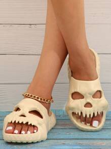 時尚拖鞋適合女士,骷髏設計單帶拖鞋 - 米色 - 查看 1