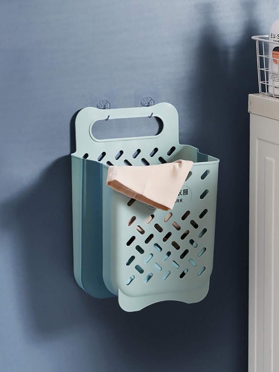 1pc Plastic Laundry Hamper, Modern Wall Mounted Foldable Laundry Basket For Home - Blue - View 1