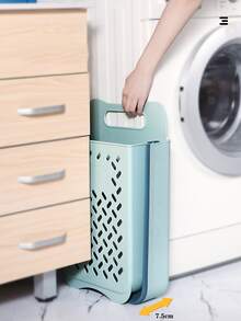 1pc Plastic Laundry Hamper, Modern Wall Mounted Foldable Laundry Basket For Home - Blue - View 4