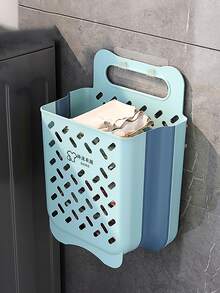 1pc Plastic Laundry Hamper, Modern Wall Mounted Foldable Laundry Basket For Home - Blue - View 3