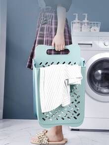 1pc Plastic Laundry Hamper, Modern Wall Mounted Foldable Laundry Basket For Home - Blue - View 6
