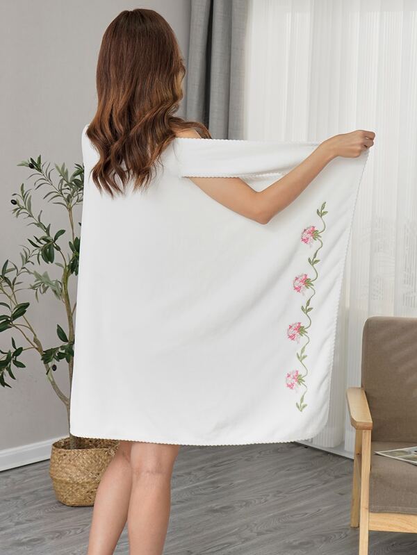 1pc Women Plain Embroidered Bathrobe *Please Refer To Size Chart* Teenager Bath Robe, Bathroom Sleepwear, Rapid Drying Super Soft Coral Fleece Absorbent, Suitable For Sauna/Beach/Pool/Bathroom Back To School