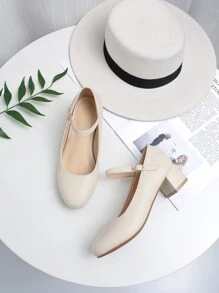 春夏韓語風格新品到貨跟簡約風多用途女士鞋帶圓頭 - 米色 - 查看 1