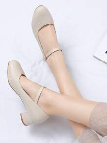 春夏韓語風格新品到貨跟簡約風多用途女士鞋帶圓頭 - 米色 - 查看 4