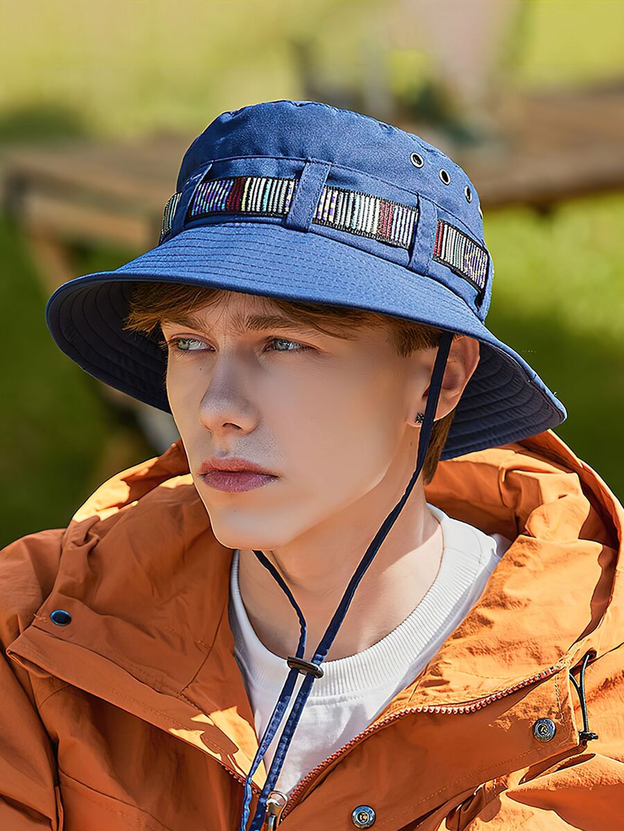 Drawstring Design Sun Protection Waterproof Sports Bucket Hat - Navy Blue - View 1