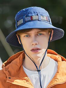 Drawstring Design Sun Protection Waterproof Sports Bucket Hat - Navy Blue - View 3