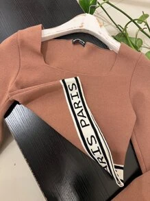 cropped blusa manga longa tricot/escrito /modal/basica simples/moda feminina/inverno - Castanho - Visão 2