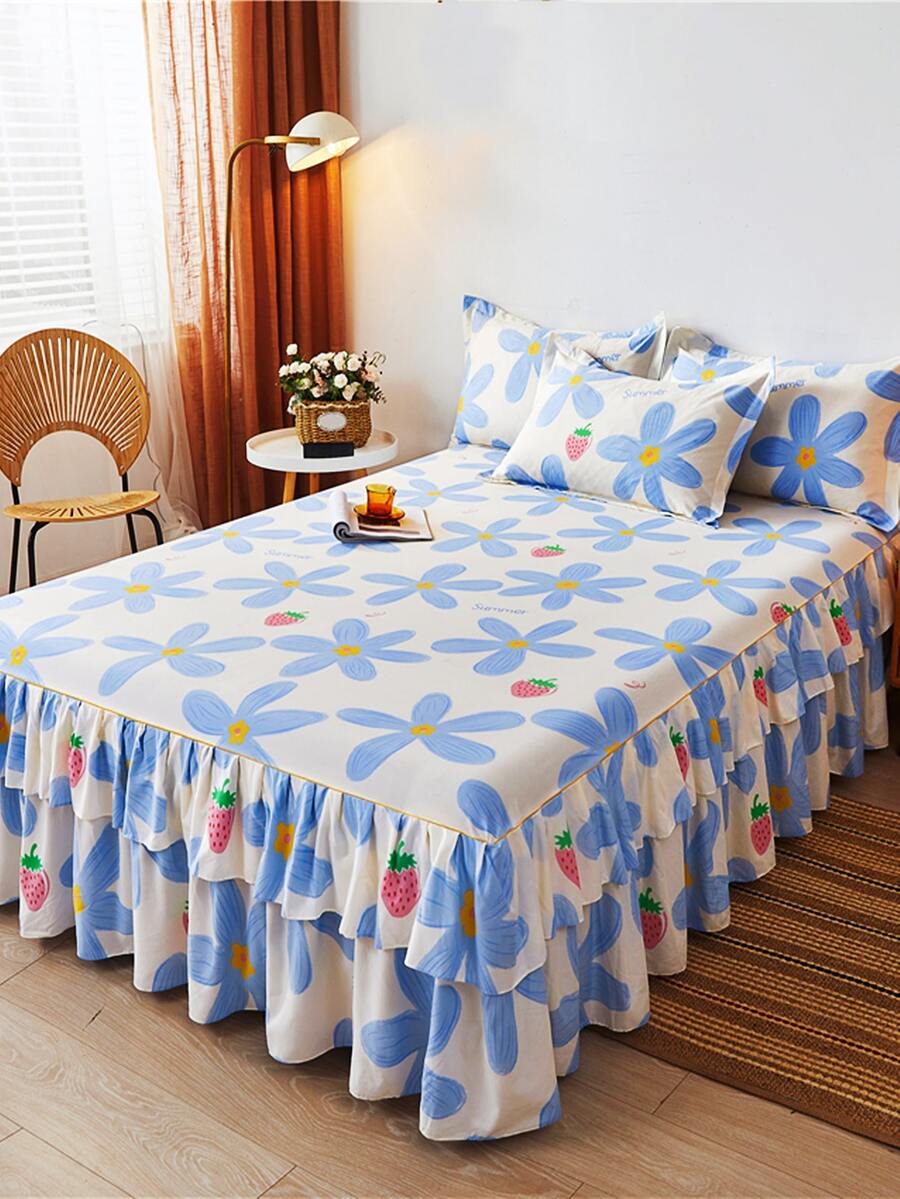 Faldón de cama doméstico ropa de cama agradable para la piel coreano estilo princesa de doble capa con encaje soltero/doble Cama espesado impresión multicolor con cepillado Activo impresión uno - Multicolor - Ver 1