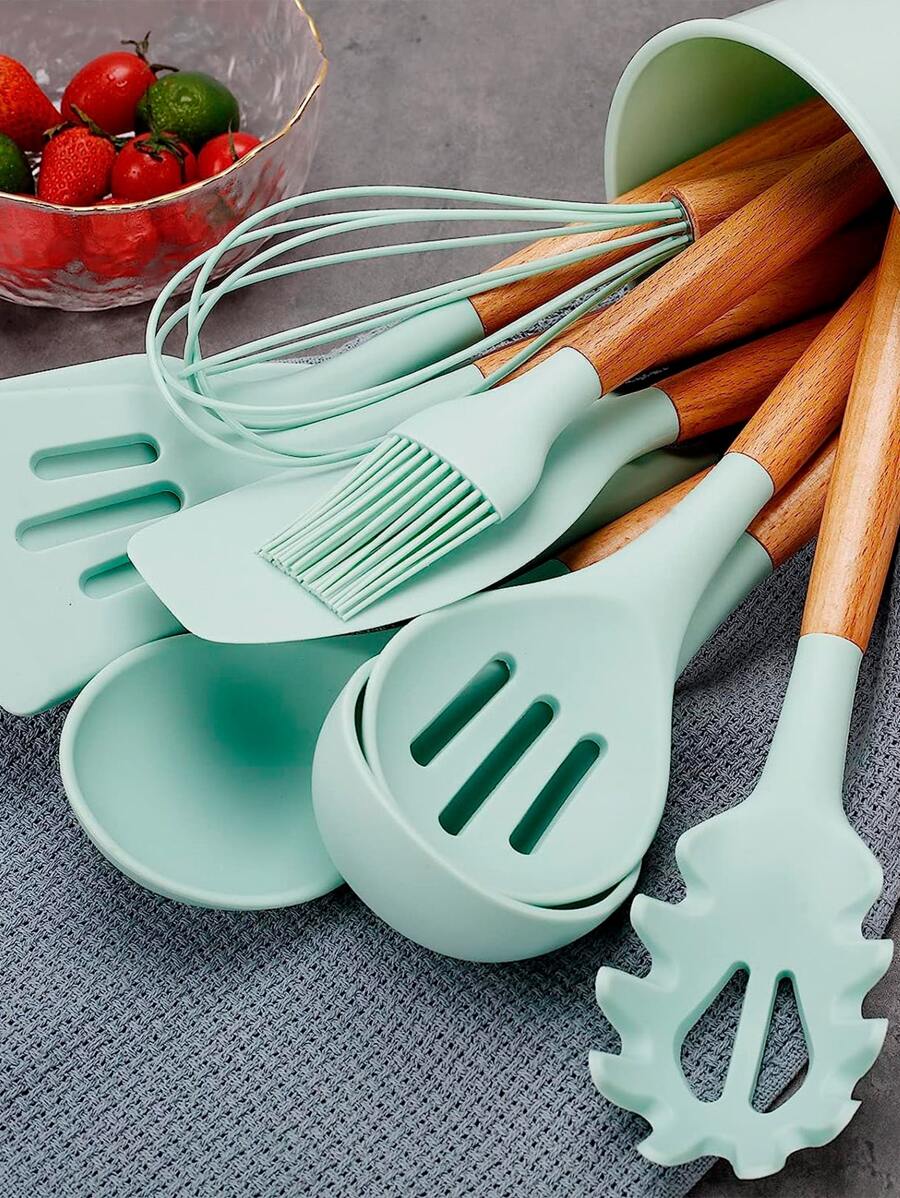Juego de 11 utensilios de cocina de silicona, espátula de cocina, resistentes al calor, para utensilios de cocina antiadherentes, color verde - verde menta - Ver 1