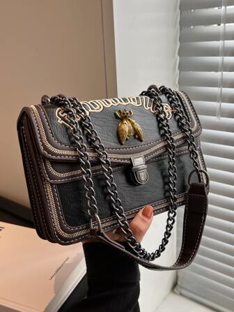 迷人、優雅、精緻度假、老錢便攜式金屬蜜蜂裝飾方形包鏈帶推鎖時尚適合青少年女孩女大學生、白領、菜鳥和白領完美辦公室、完美戶外、完美派對、舞會、晚宴、婚禮、工作、商務、通勤