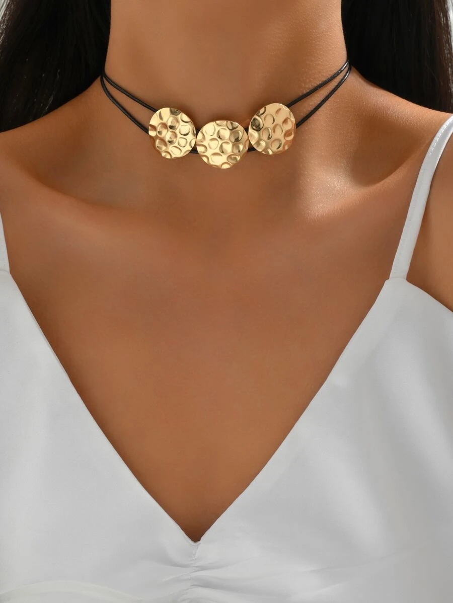 1入組圓形圓片形狀PU皮革頸鏈,合適適用於四季,派對,婚禮和節假日