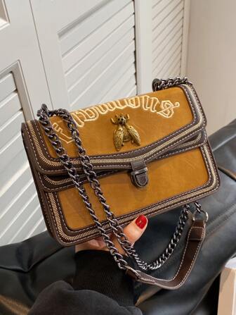 字母刺繡方包金屬裝飾撞色時尚鏈條帶