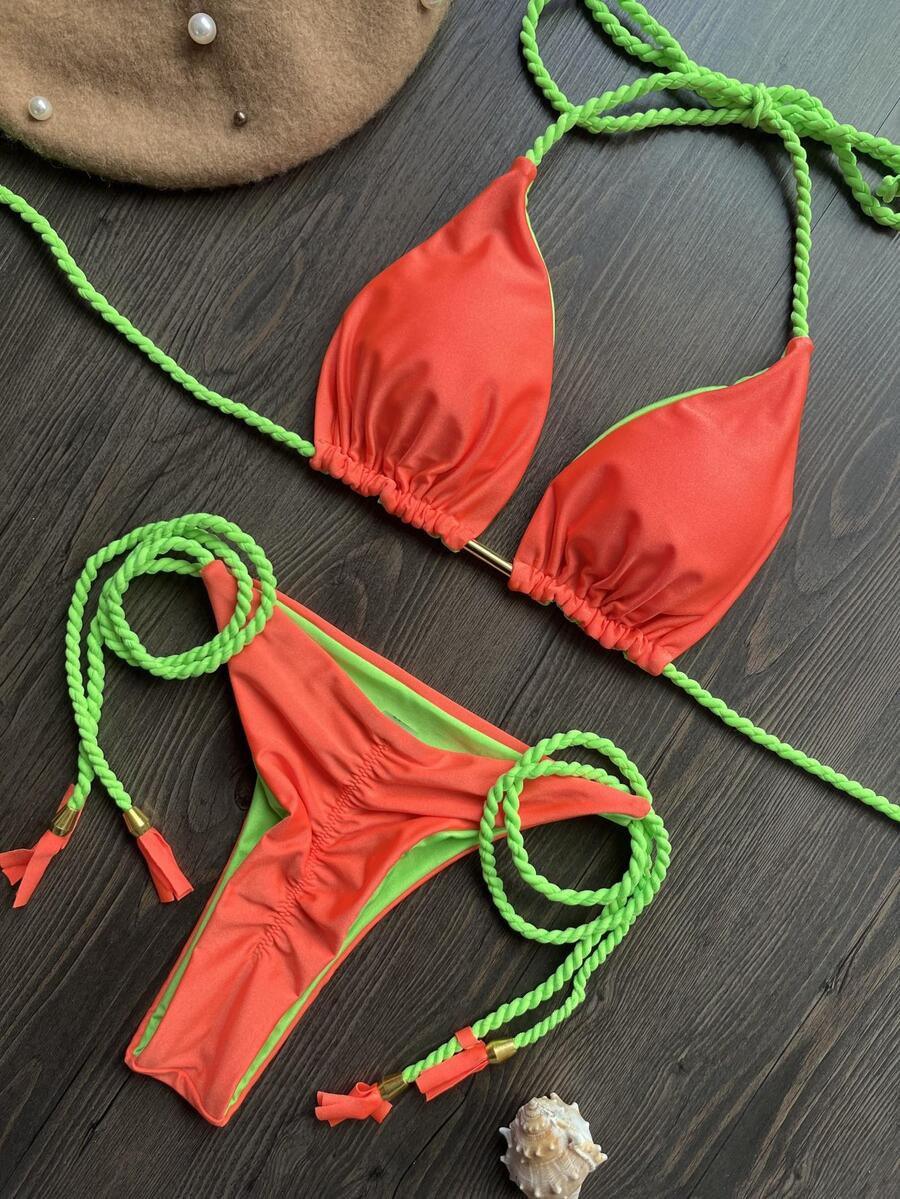 Handmade Neon Rope Bikini Set, Sexy Solid Color Two-Piece Bikini Set For Women, European And American Style, Summer Beach - Orange - View 1