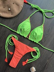 Handmade Neon Rope Bikini Set, Sexy Solid Color Two-Piece Bikini Set For Women, European And American Style, Summer Beach - Orange - View 2