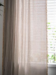 1pc Striped Semi-blackout Farmhouse Style Tassel Rod Pocket Window Curtain For Dining Room Living Room Bedroom Kitchen - Coffee Brown - View 5