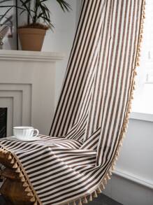 1pc Striped Semi-blackout Farmhouse Style Tassel Rod Pocket Window Curtain For Dining Room Living Room Bedroom Kitchen - Coffee Brown - View 2