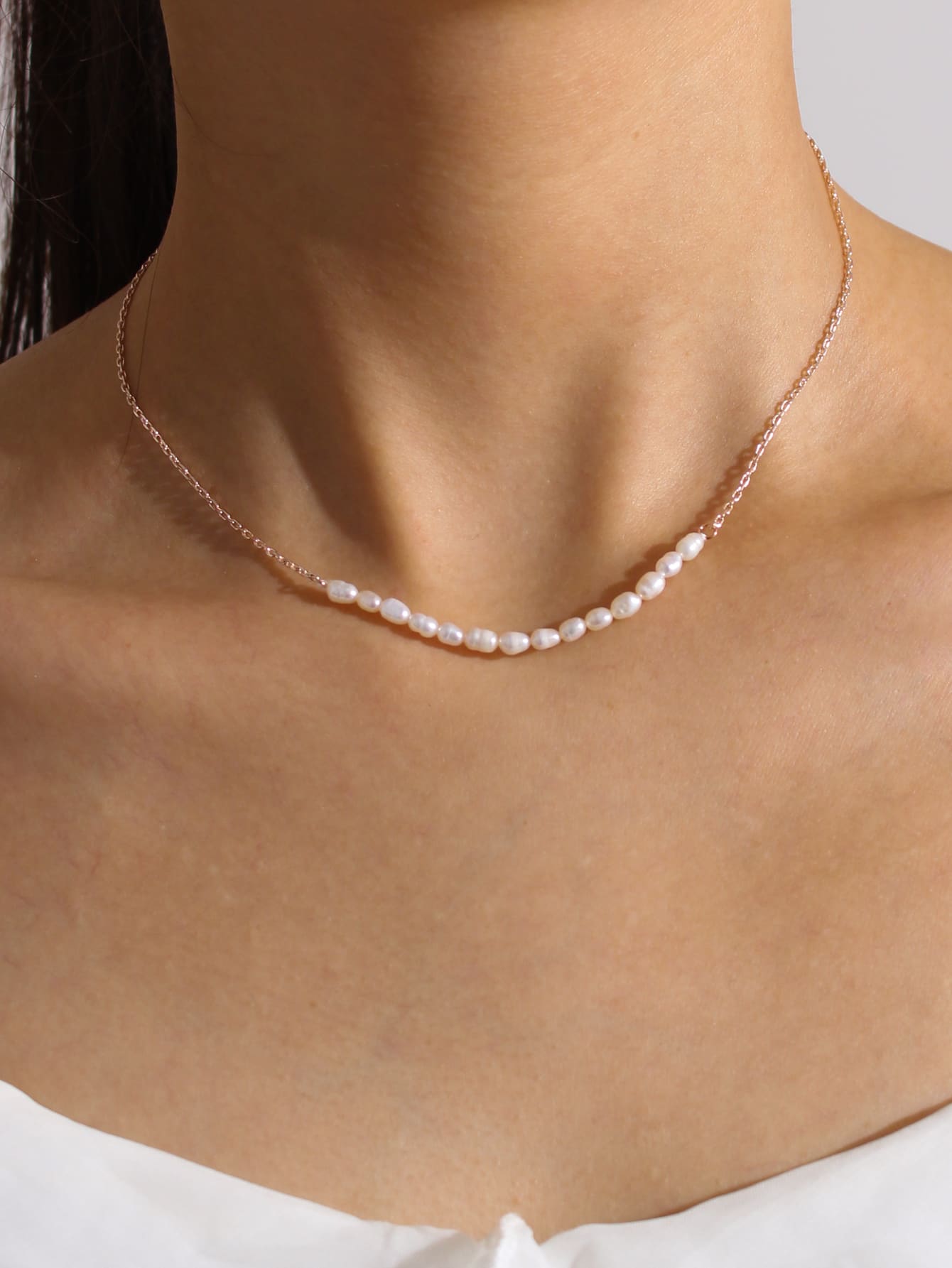 1pc Natural Freshwater Small Pearl Chain Necklace - Rose Gold - View 1