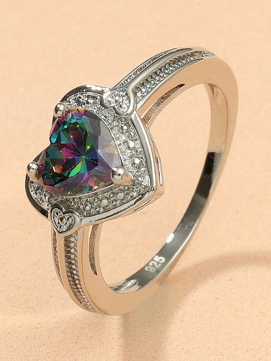 1入組華麗時尚心形方晶鋯石戒指,多用途造型,情人節派對禮物適合女士 - 彩色 - 查看 1