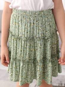 Cô gái Tween In hoa Ditsy Nếp uốn Viền trùng điệp Váy - xanh quân đội - Xem 6