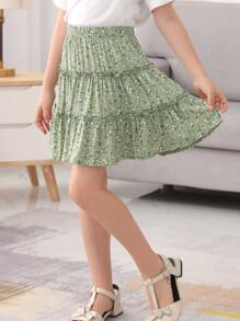 Cô gái Tween In hoa Ditsy Nếp uốn Viền trùng điệp Váy - xanh quân đội - Xem 4