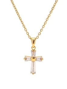 Nooxian 1 Vòng Cổ Mặt Dây Chuyền Chữ Thập Bằng Đồng & Đính Đá Cubic Zirconia Cho Nữ - Vàng - Xem 4