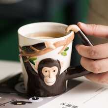 創意可愛的青花手繪猴子杯，個性化卡通陶瓷早餐牛奶杯，辦公室茶杯，家用水杯，適合作為朋友或兒童生日禮物 - 彩色 - 查看 3