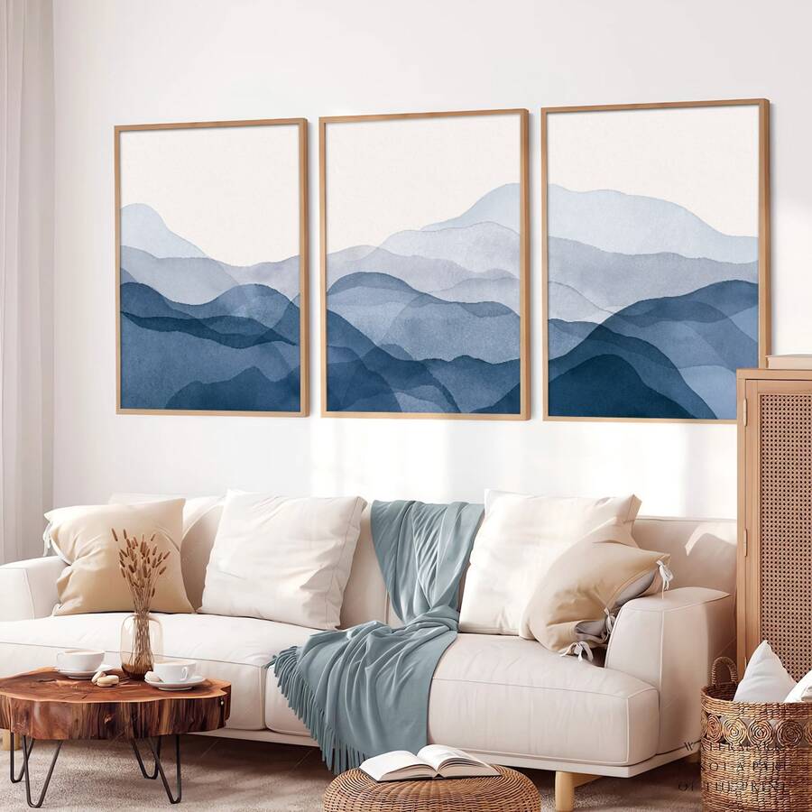 3pcs Bộ Xanh Màu nước Phong cảnh đỉnh núi Trừu tượng Áp phích Tối giản Nghệ thuật tranh sơn dầu Bức tranh In Bắc Âu hiện đại Truyền thống Tranh treo tường Đối với Nhà Phòng khách Phòng ngủ Đồ trang trí , Không khung - Màu be - Xem 1
