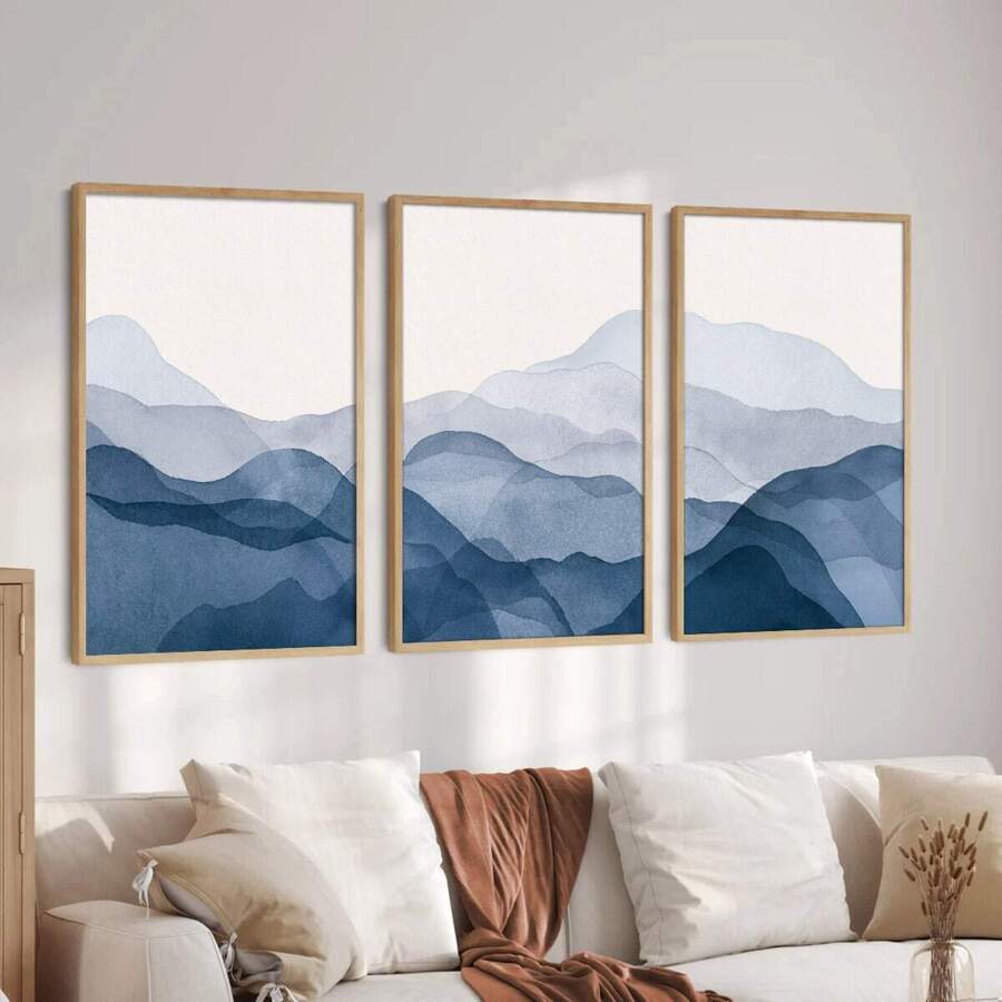 3pcs/set Blue Watercolor Mountain Abstract Painting Minimalist Art Poster Canvas Print Nordic/modern/traditional Wall Picture For Home Living Room Bedroom Decoration,frameless