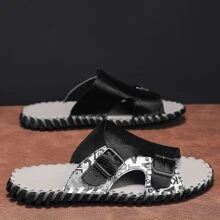 男士字母圖案搭扣裝飾拖鞋,閒暇夏天單帶拖鞋 - 黑色 - 查看 1