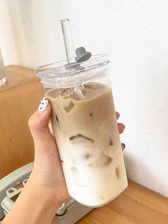 1入組韓語風格方形玻璃水杯帶蓋,簡約風和漂亮,透明耐熱咖啡杯,家庭使用