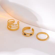 Dellgoo 1 Set Of 3pcs Stainless Steel Gold Adjustable 3-Layer Black & White Geometric Rings, Multi-Layer Personality Star And Moon Rings, Smooth Plain Rings For Women, Personality Starfish And Shell Rings, Adjustable Spiral Line Rings