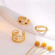 Dellgoo 1 Set Of 3pcs Stainless Steel Gold Adjustable 3-Layer Black & White Geometric Rings, Multi-Layer Personality Star And Moon Rings, Smooth Plain Rings For Women, Personality Starfish And Shell Rings, Adjustable Spiral Line Rings