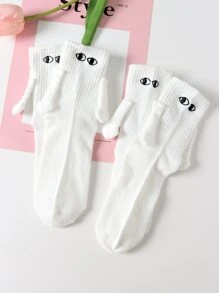 Syviss 2pairs Unisex Couple Matching Solid Color Funny Personalized Mid-Calf Socks For Holding Hands - Multicolor - View 2