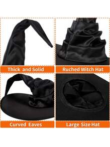 1入組可折疊萬聖節女巫帽適合女士男士巫師帽子假面舞會派對女孩角色扮演服飾配件 - 黑色 - 查看 7