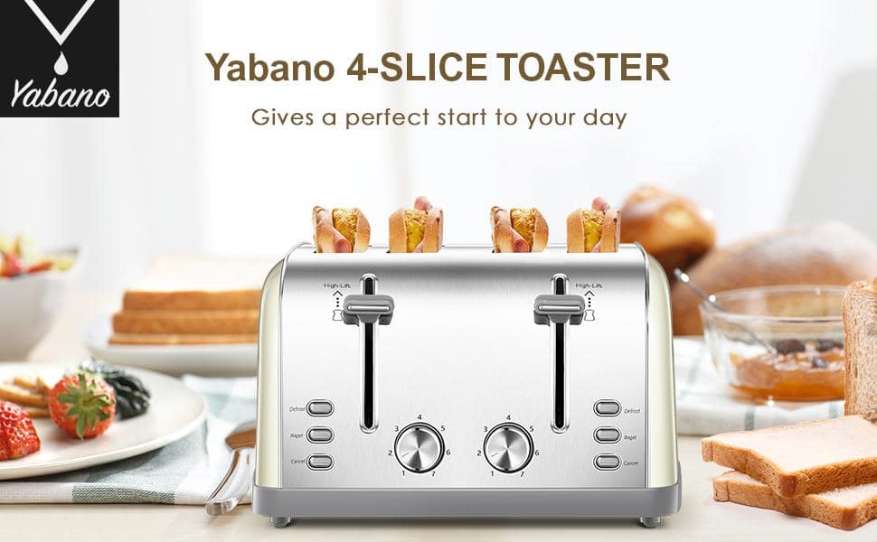 Yabano Toaster 4 Slice, Extra Wide Slots, Stainless Steel with High Lift Lever, Bagel and Muffin