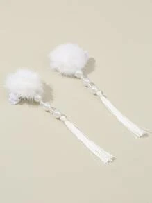 2pcs Pom Pom & Tassel Decor Alligator Hair Clip Cute - White - View 4