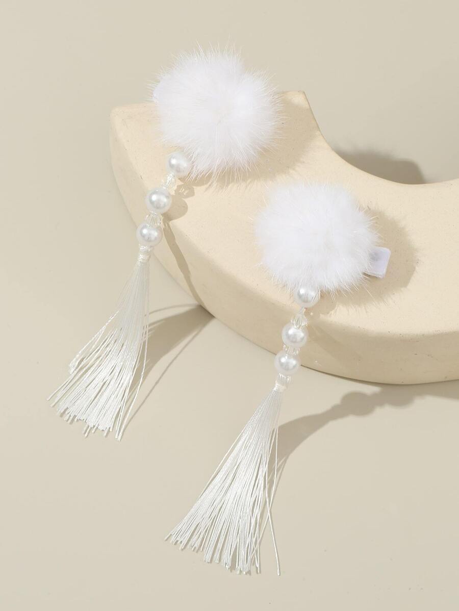 2pcs Pom Pom & Tassel Decor Alligator Hair Clip Cute - White - View 1