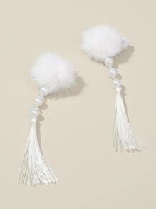 2pcs Pom Pom & Tassel Decor Alligator Hair Clip Cute - White - View 3