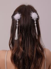2pcs Pom Pom & Tassel Decor Alligator Hair Clip Cute - White - View 2
