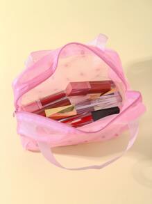 時尚手持化妝包帶花卉圖案印刷 - 粉色 - 查看 3