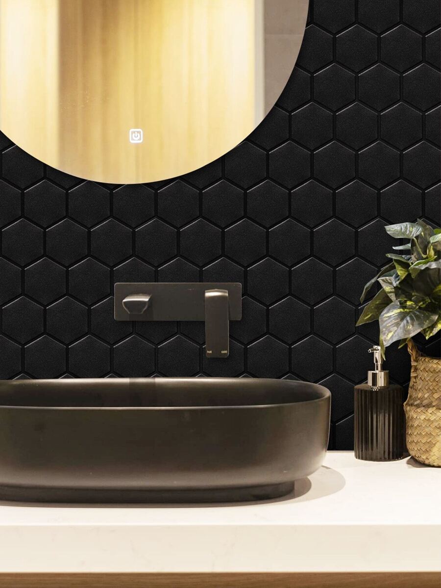 10片黑色六邊形即剝即貼瓷磚後擋板加厚設計