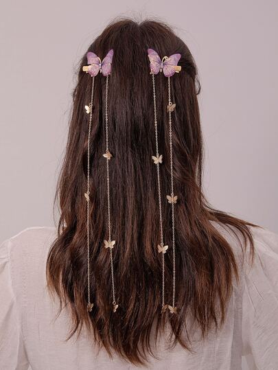 2个女士蝴蝶流苏按扣发夹，Y2k风格爪夹发卡，学生用品，发饰，头部饰品，女士发饰