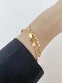 1 件不锈钢时尚双层心形吊坠手链情人节 - 金黃色 - 查看 2