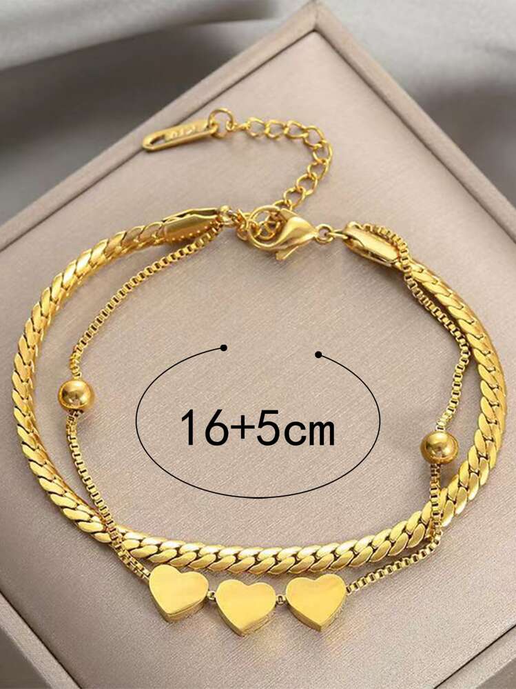 1pc Stainless Steel Fashionable Double-Layered Heart Charm Bracelet Valentines - Yellow Gold - View 3