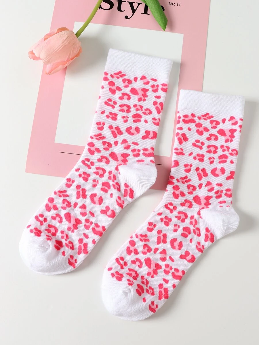 Syviss 1pair Women's Cute & Fun Pink Leopard Print Breathable Mid-calf Socks - Multicolor - View 1