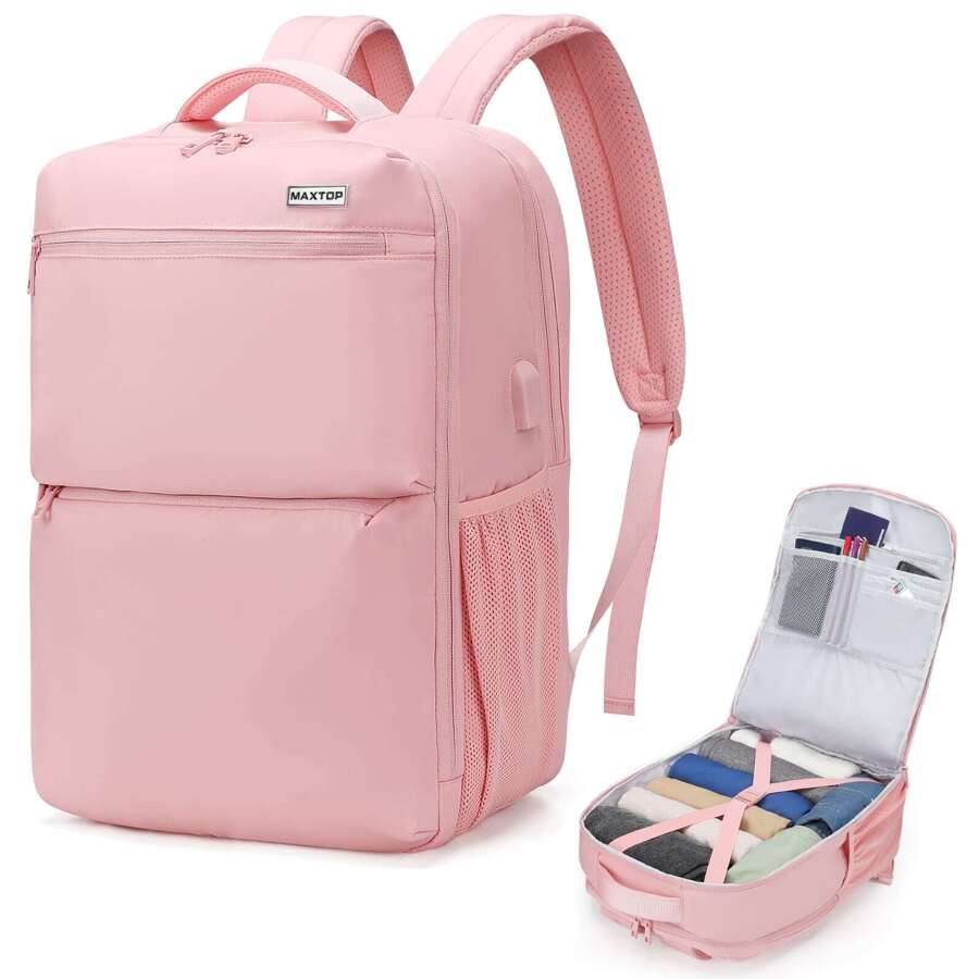 MAXTOP Travel Backpack for Women Carry On Backpack with USB Charging Port Water-Resistant Flight Approved College Backpacks Casual Daypack Bookbag Fit 15.6-Inch Laptop Pink - 粉色 - 查看 1