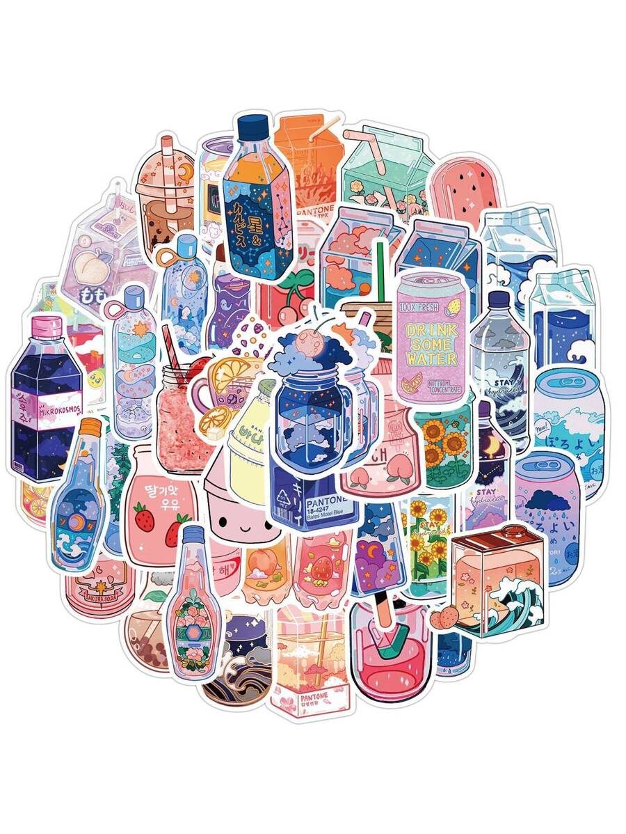 50入組卡通飲料瓶貼紙適用於行李,筆記本,吉他裝飾用品防水貼花 - 彩色 - 查看 1